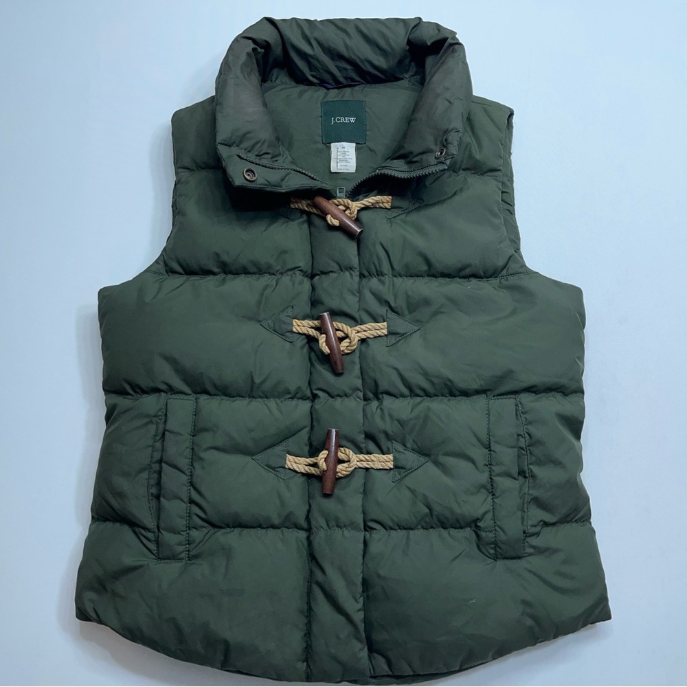 J. Crew Down Puffer Vest Womens Size XS Olive Green Full Zip Casual Preppy